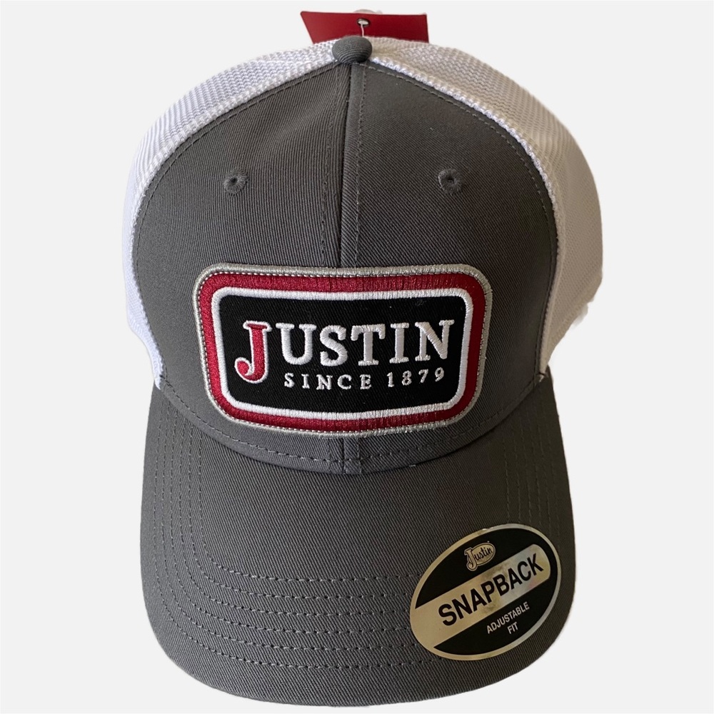 Justin Snapback Trucker Hat Ball Cap Grey With White Mesh Back NEW